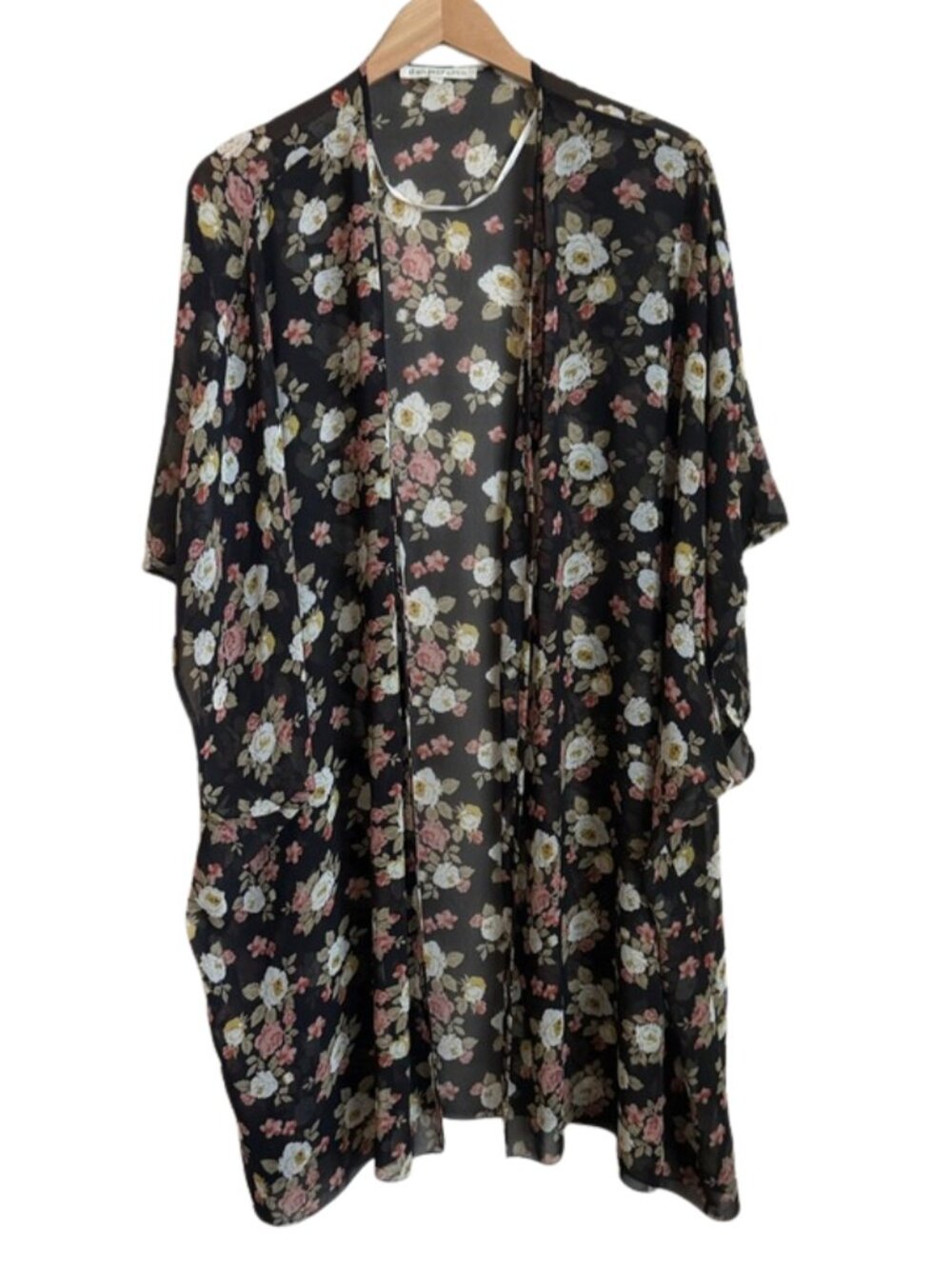 Kimono Cover Up Floral Plus Size 0X/1X Black Sheer Daniel Rainn Swim Beach Boho
